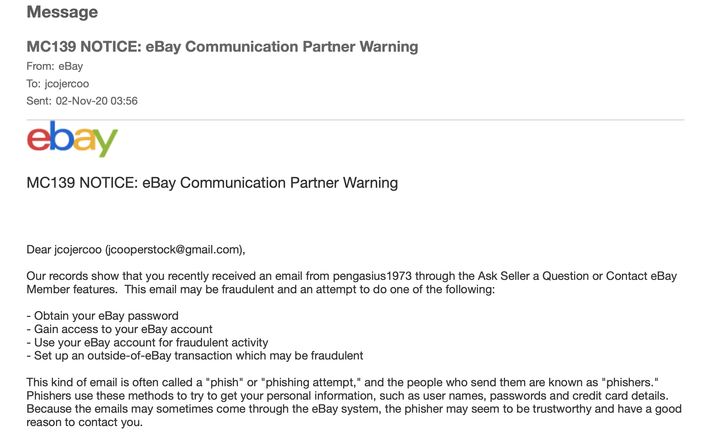 Since I hadn't given any personal information to the seller, I wasn't alarmed by the warning